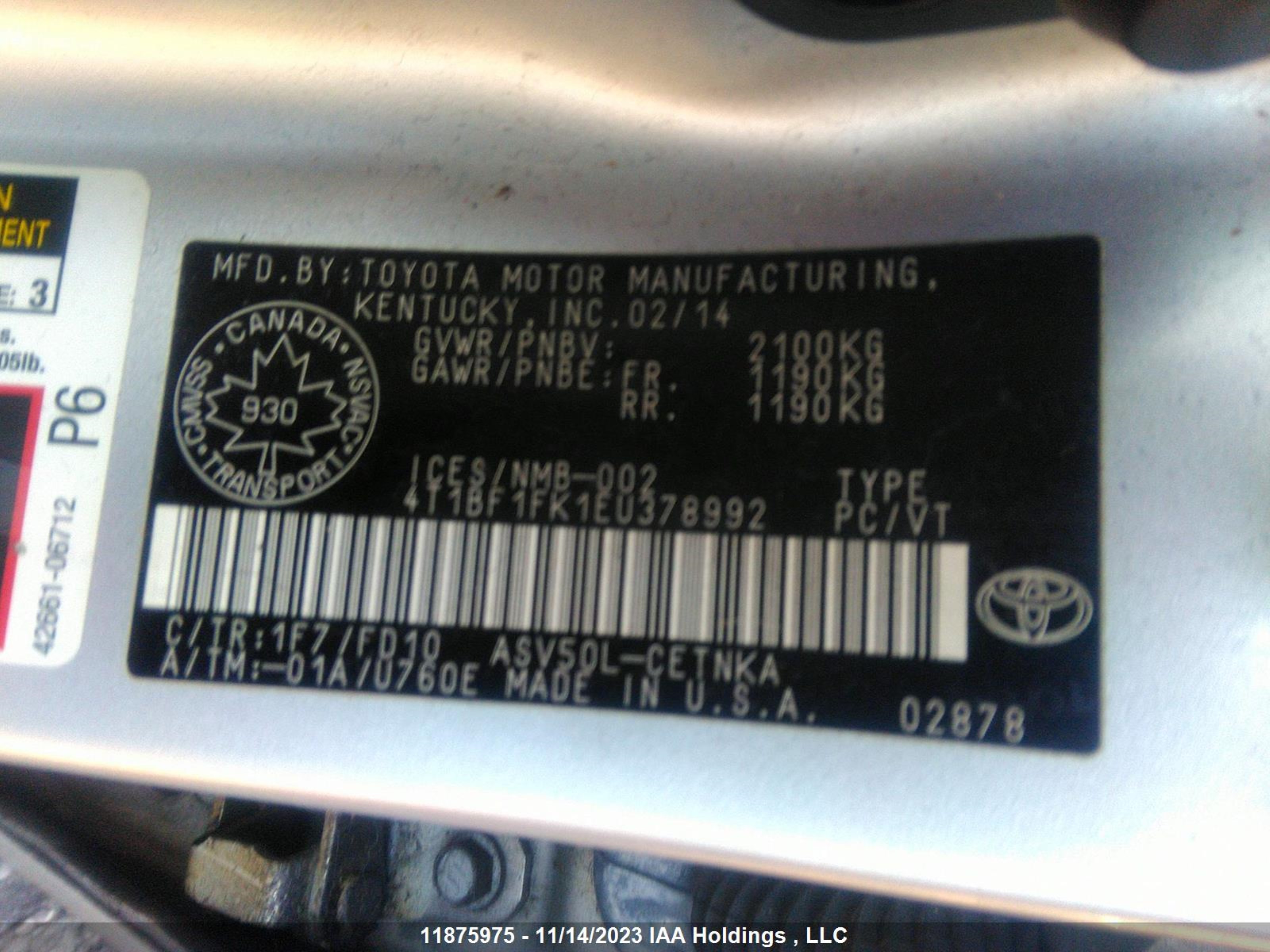 Photo 8 VIN: 4T1BF1FK1EU378992 - TOYOTA CAMRY 