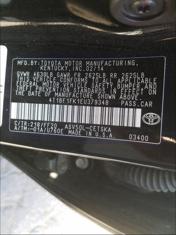 Photo 9 VIN: 4T1BF1FK1EU379348 - TOYOTA CAMRY L 