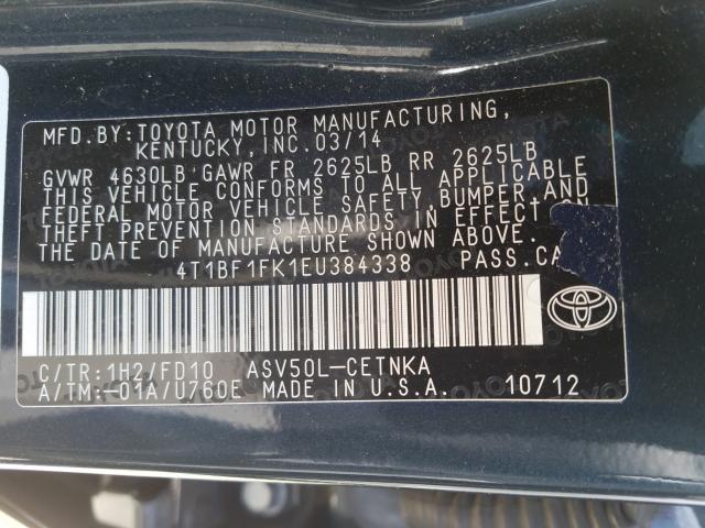 Photo 9 VIN: 4T1BF1FK1EU384338 - TOYOTA CAMRY L 