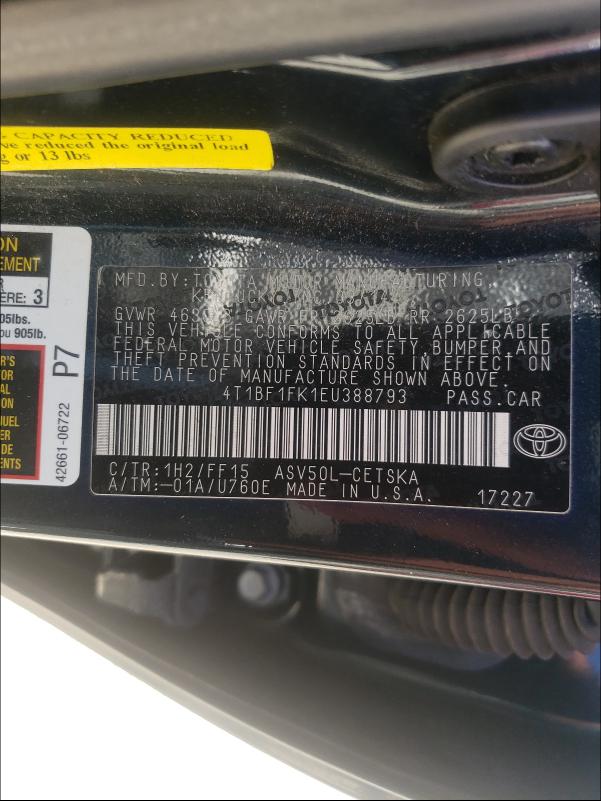 Photo 9 VIN: 4T1BF1FK1EU388793 - TOYOTA CAMRY L 