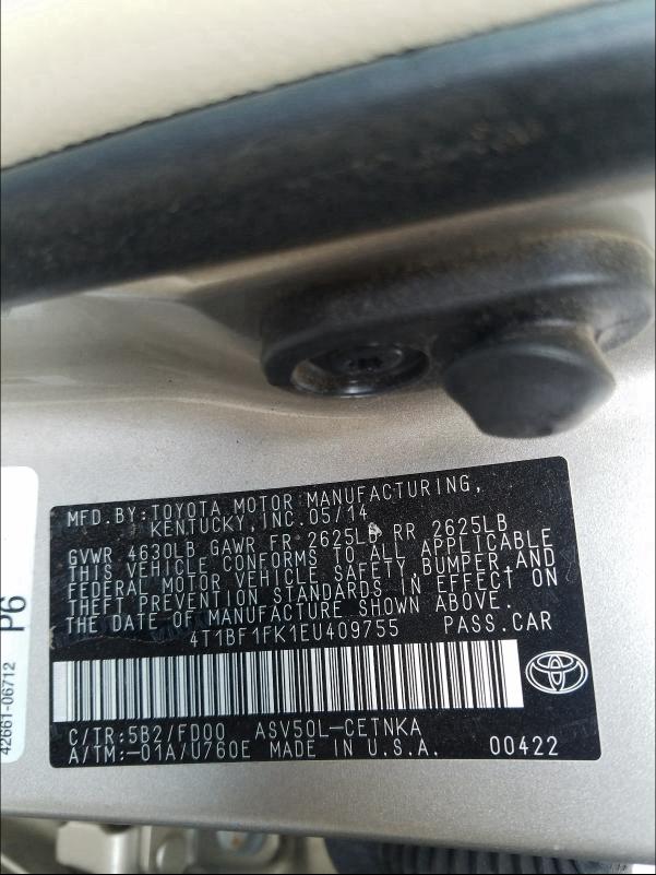 Photo 9 VIN: 4T1BF1FK1EU409755 - TOYOTA CAMRY L 