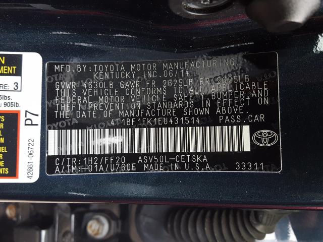 Photo 9 VIN: 4T1BF1FK1EU431514 - TOYOTA CAMRY L 