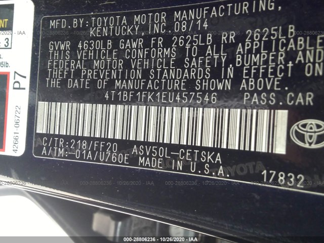 Photo 8 VIN: 4T1BF1FK1EU457546 - TOYOTA CAMRY 