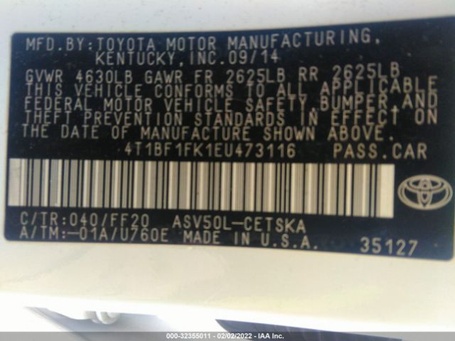 Photo 8 VIN: 4T1BF1FK1EU473116 - TOYOTA CAMRY 