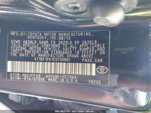 Photo 8 VIN: 4T1BF1FK1EU729805 - TOYOTA CAMRY 