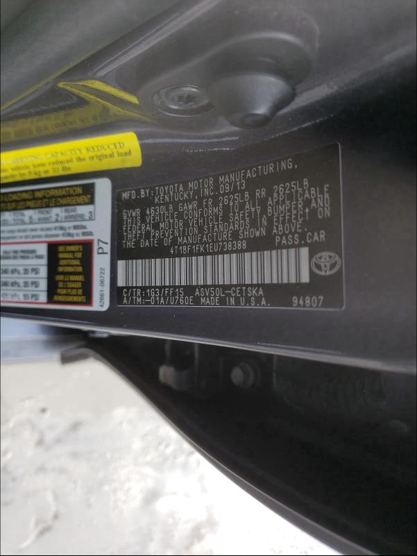 Photo 9 VIN: 4T1BF1FK1EU738388 - TOYOTA CAMRY L 