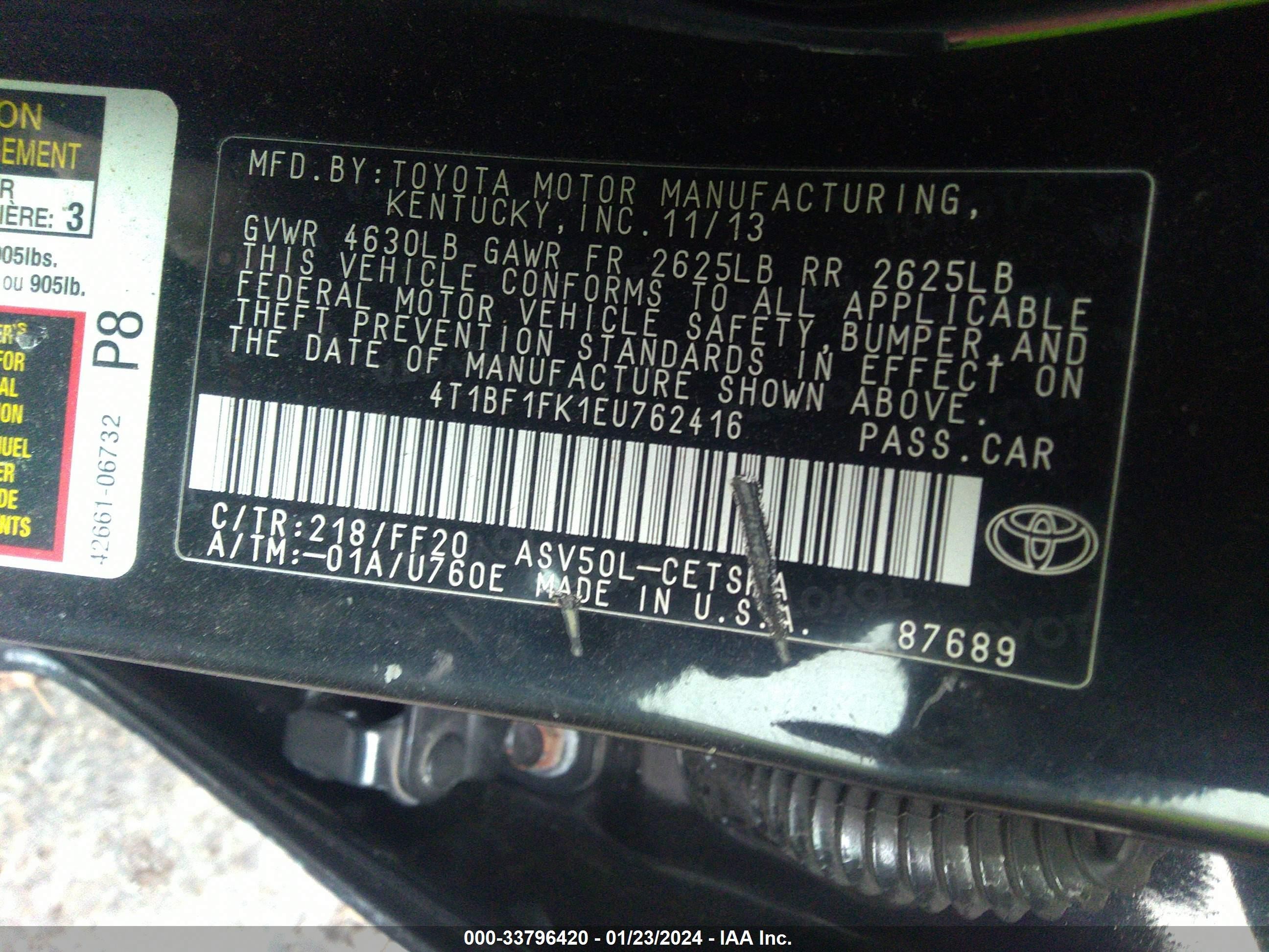 Photo 8 VIN: 4T1BF1FK1EU762416 - TOYOTA CAMRY 