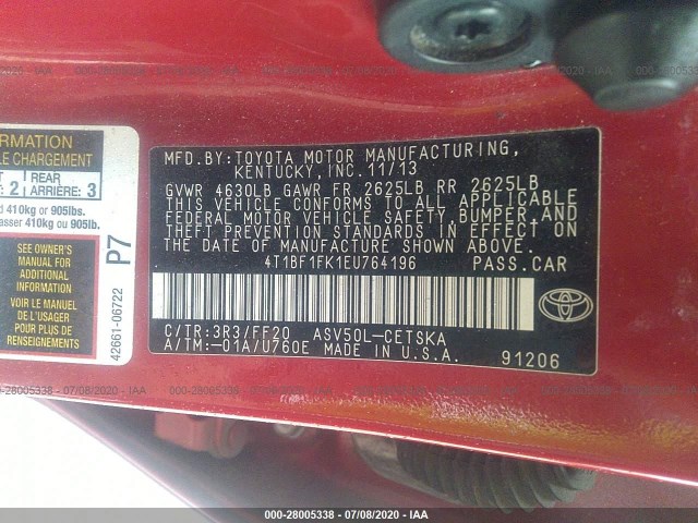 Photo 8 VIN: 4T1BF1FK1EU764196 - TOYOTA CAMRY 