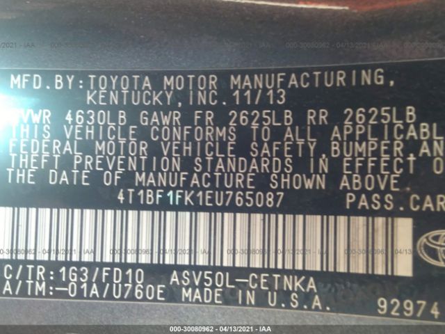 Photo 8 VIN: 4T1BF1FK1EU765087 - TOYOTA CAMRY 