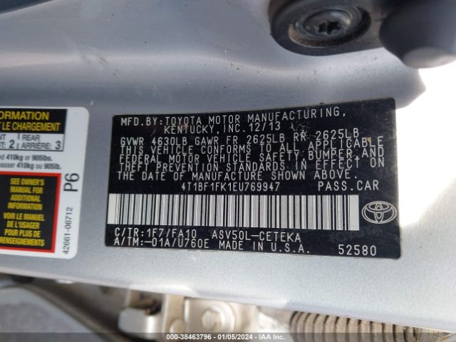 Photo 8 VIN: 4T1BF1FK1EU769947 - TOYOTA CAMRY L 