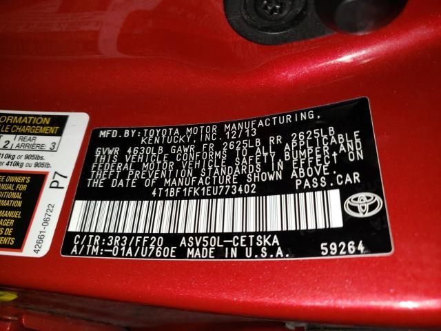 Photo 9 VIN: 4T1BF1FK1EU773402 - TOYOTA CAMRY L 