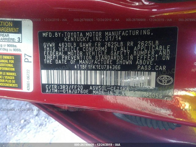 Photo 8 VIN: 4T1BF1FK1EU784366 - TOYOTA CAMRY 