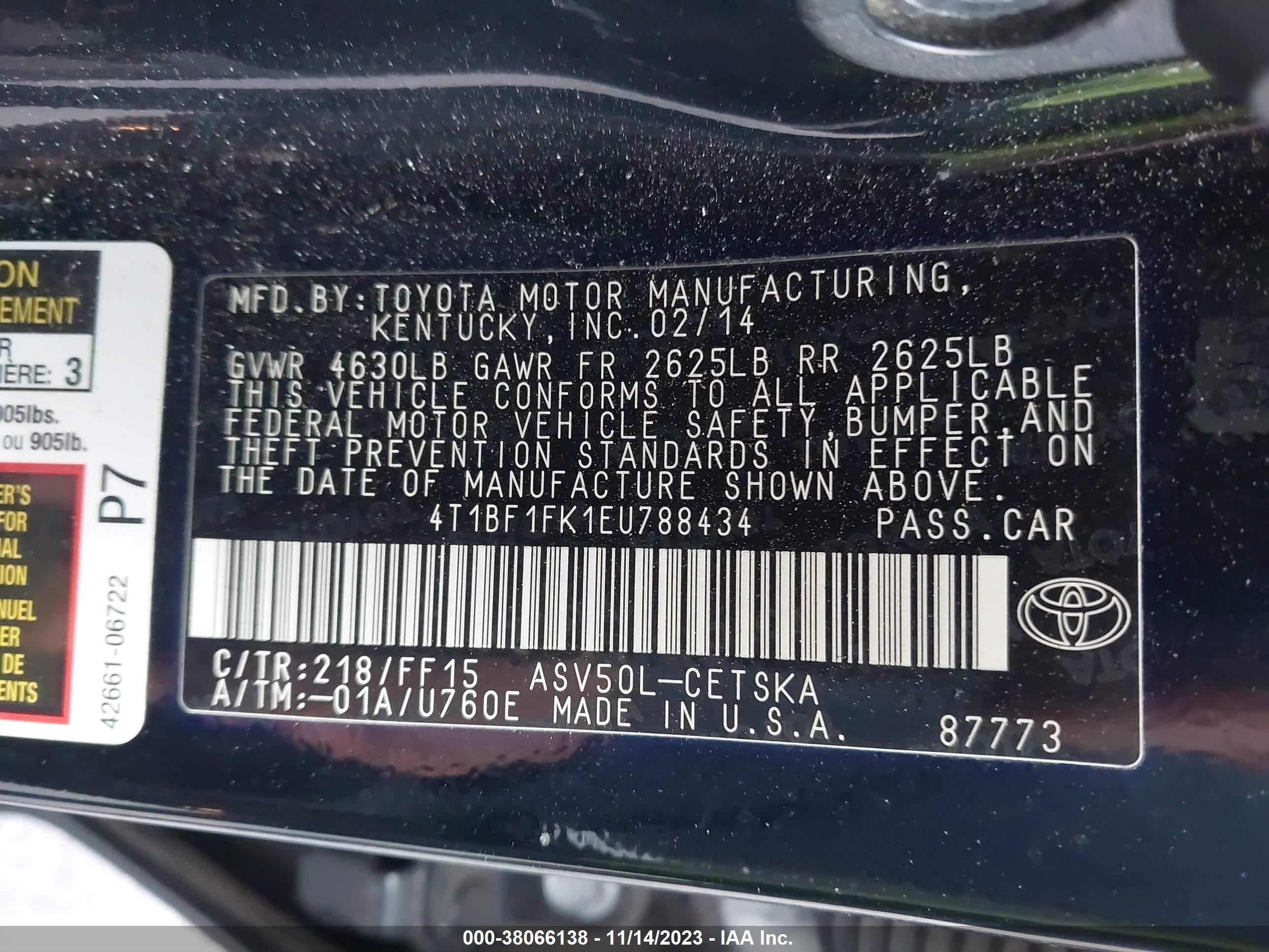 Photo 8 VIN: 4T1BF1FK1EU788434 - TOYOTA CAMRY 