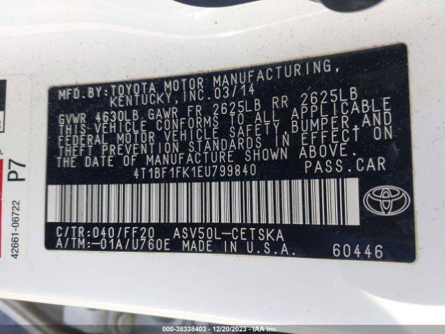 Photo 8 VIN: 4T1BF1FK1EU799840 - TOYOTA CAMRY 