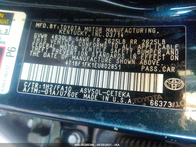 Photo 8 VIN: 4T1BF1FK1EU802851 - TOYOTA CAMRY 