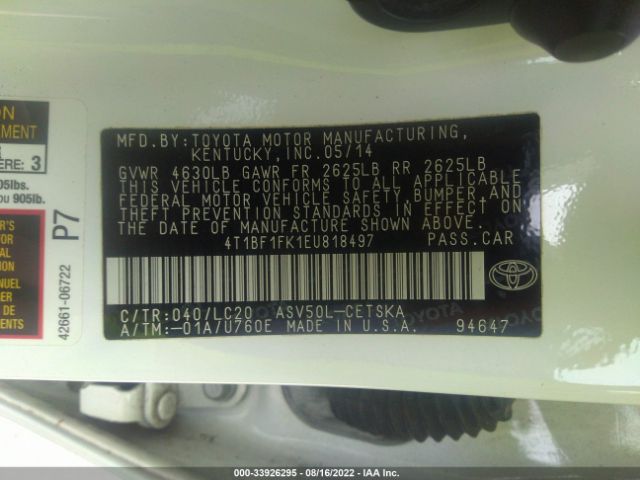 Photo 8 VIN: 4T1BF1FK1EU818497 - TOYOTA CAMRY 