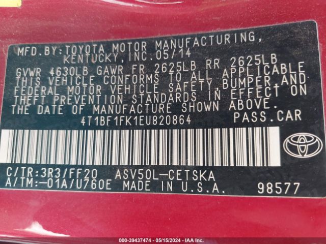 Photo 8 VIN: 4T1BF1FK1EU820864 - TOYOTA CAMRY 