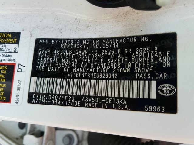 Photo 9 VIN: 4T1BF1FK1EU828012 - TOYOTA CAMRY L 