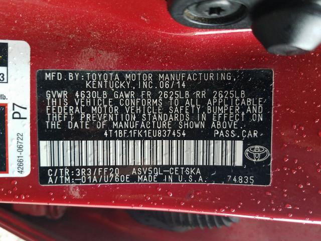 Photo 9 VIN: 4T1BF1FK1EU837454 - TOYOTA CAMRY L 