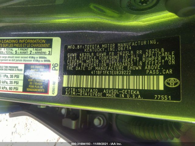 Photo 8 VIN: 4T1BF1FK1EU839222 - TOYOTA CAMRY 