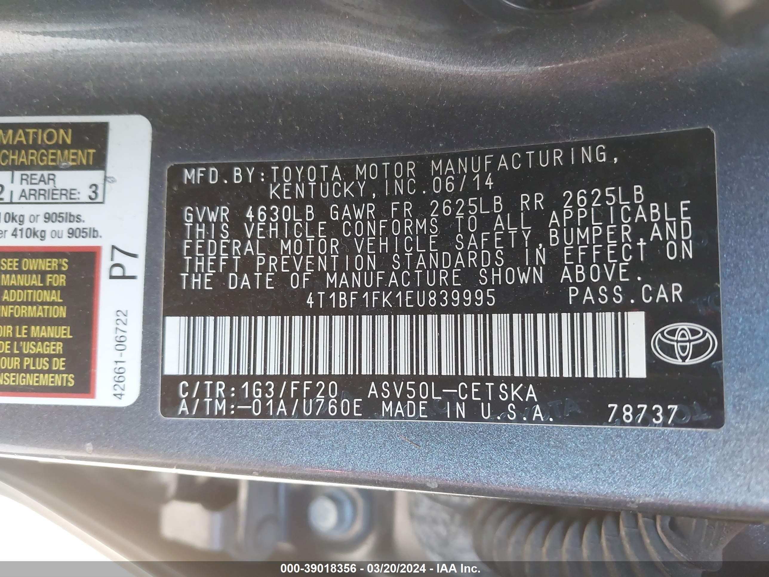 Photo 8 VIN: 4T1BF1FK1EU839995 - TOYOTA CAMRY 