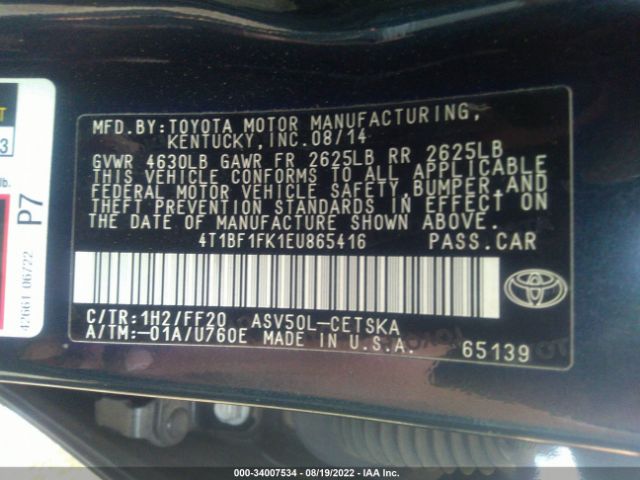 Photo 8 VIN: 4T1BF1FK1EU865416 - TOYOTA CAMRY 