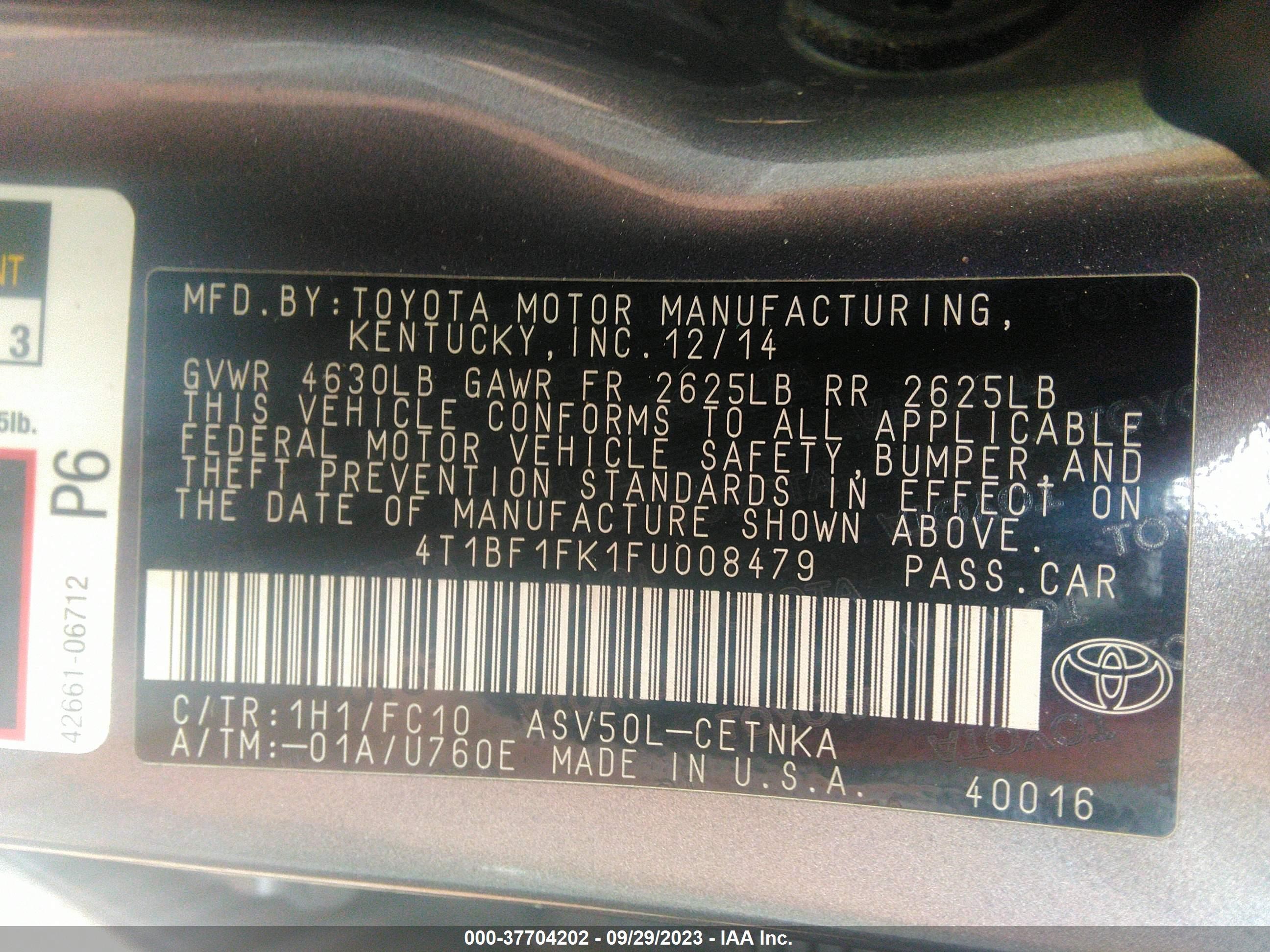 Photo 8 VIN: 4T1BF1FK1FU008479 - TOYOTA CAMRY 