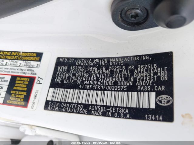 Photo 8 VIN: 4T1BF1FK1FU022575 - TOYOTA CAMRY 