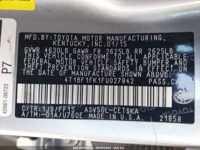 Photo 8 VIN: 4T1BF1FK1FU027842 - TOYOTA CAMRY 