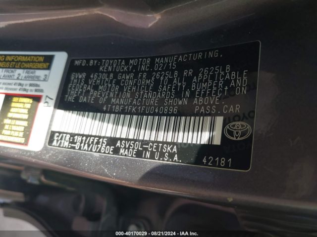 Photo 8 VIN: 4T1BF1FK1FU040896 - TOYOTA CAMRY 