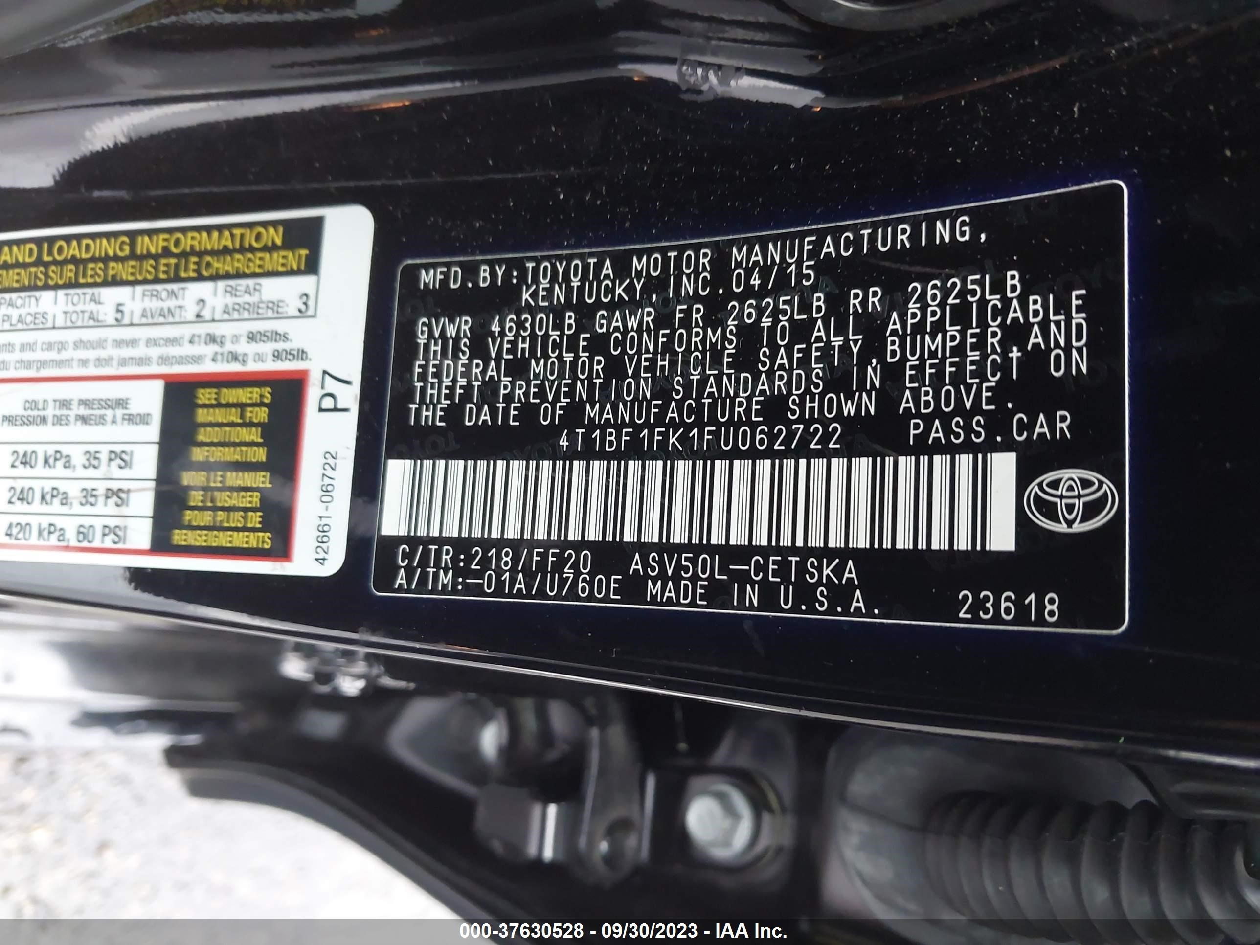 Photo 8 VIN: 4T1BF1FK1FU062722 - TOYOTA CAMRY 