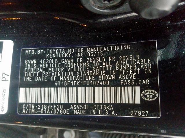 Photo 9 VIN: 4T1BF1FK1FU102409 - TOYOTA CAMRY LE 