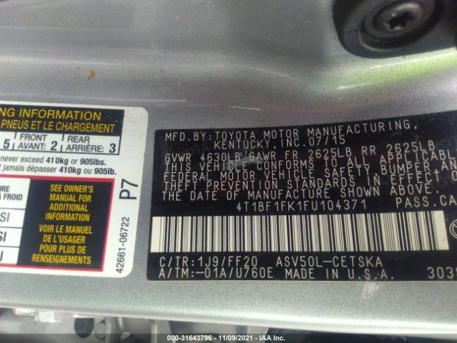 Photo 8 VIN: 4T1BF1FK1FU104371 - TOYOTA CAMRY 