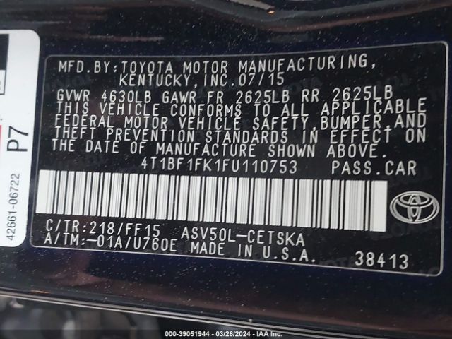 Photo 8 VIN: 4T1BF1FK1FU110753 - TOYOTA CAMRY 