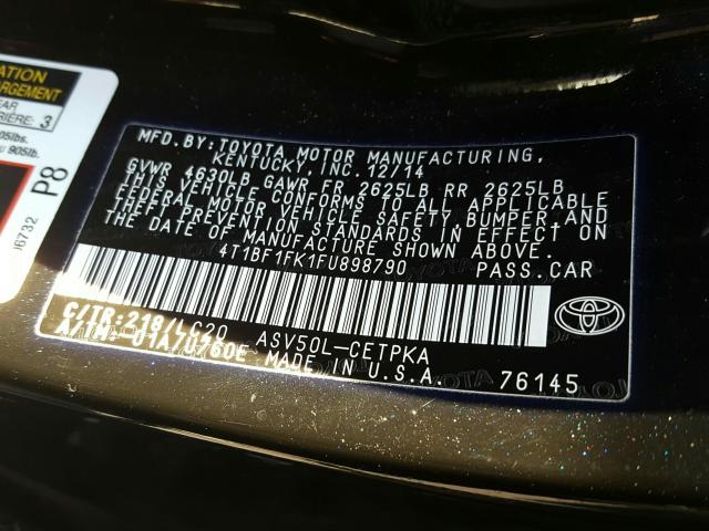 Photo 9 VIN: 4T1BF1FK1FU898790 - TOYOTA CAMRY LE 