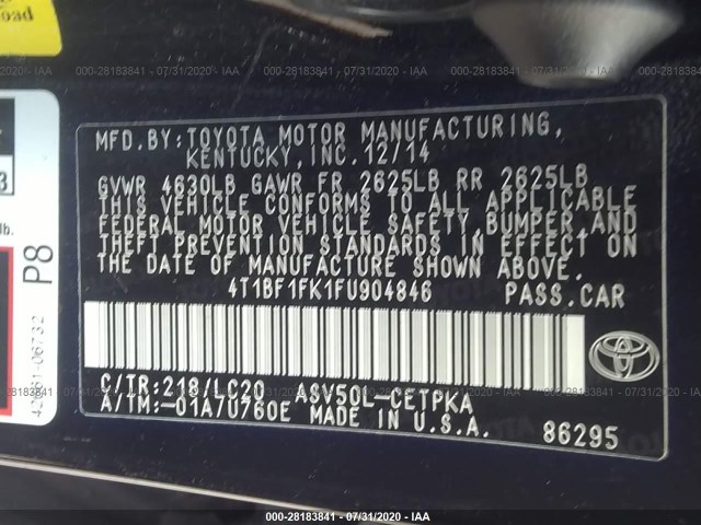 Photo 8 VIN: 4T1BF1FK1FU904846 - TOYOTA CAMRY 