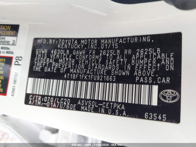 Photo 8 VIN: 4T1BF1FK1FU921663 - TOYOTA CAMRY 