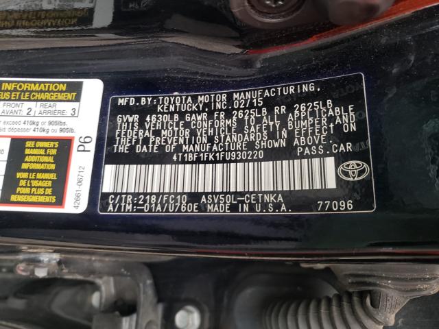 Photo 9 VIN: 4T1BF1FK1FU930220 - TOYOTA CAMRY LE 