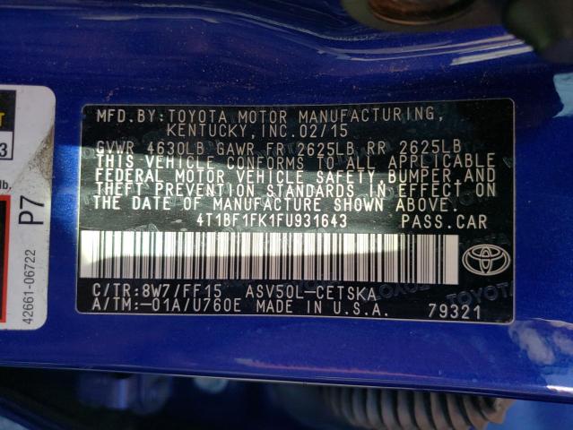 Photo 11 VIN: 4T1BF1FK1FU931643 - TOYOTA CAMRY LE 