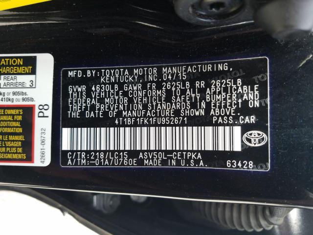 Photo 9 VIN: 4T1BF1FK1FU952671 - TOYOTA CAMRY LE 