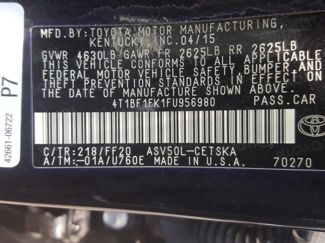 Photo 9 VIN: 4T1BF1FK1FU956980 - TOYOTA CAMRY LE 