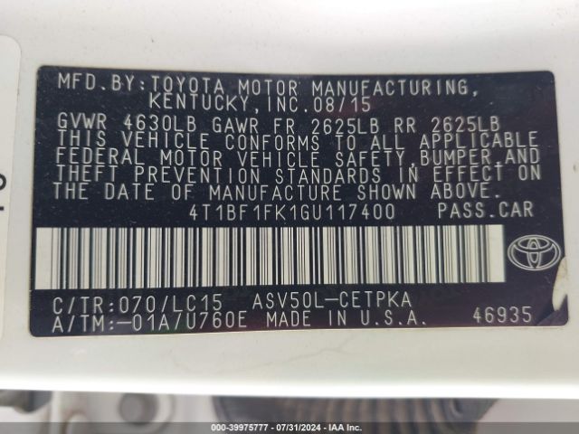 Photo 8 VIN: 4T1BF1FK1GU117400 - TOYOTA CAMRY 