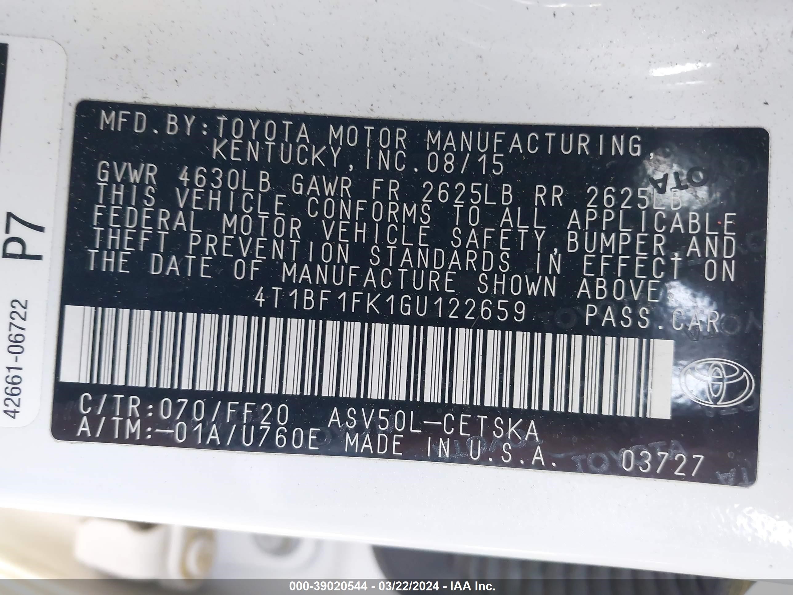 Photo 8 VIN: 4T1BF1FK1GU122659 - TOYOTA CAMRY 