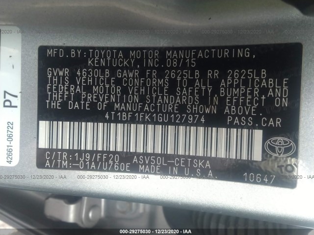 Photo 8 VIN: 4T1BF1FK1GU127974 - TOYOTA CAMRY 