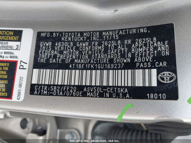 Photo 8 VIN: 4T1BF1FK1GU169237 - TOYOTA CAMRY 