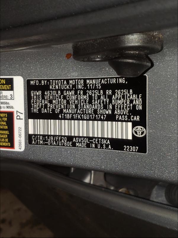 Photo 9 VIN: 4T1BF1FK1GU171747 - TOYOTA CAMRY LE 