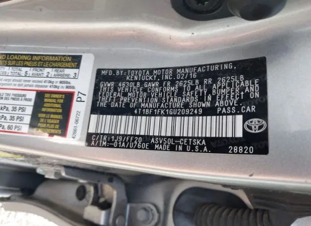 Photo 8 VIN: 4T1BF1FK1GU209249 - TOYOTA CAMRY 