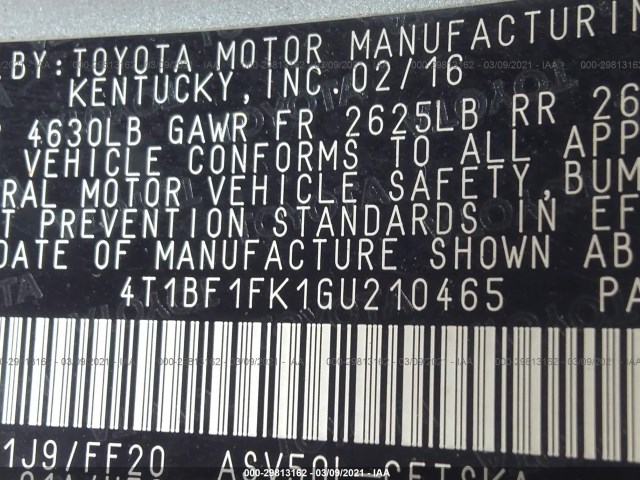 Photo 8 VIN: 4T1BF1FK1GU210465 - TOYOTA CAMRY 