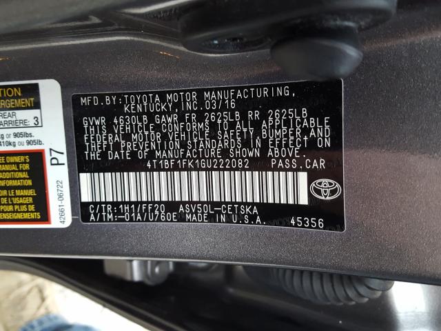 Photo 9 VIN: 4T1BF1FK1GU222082 - TOYOTA CAMRY LE 