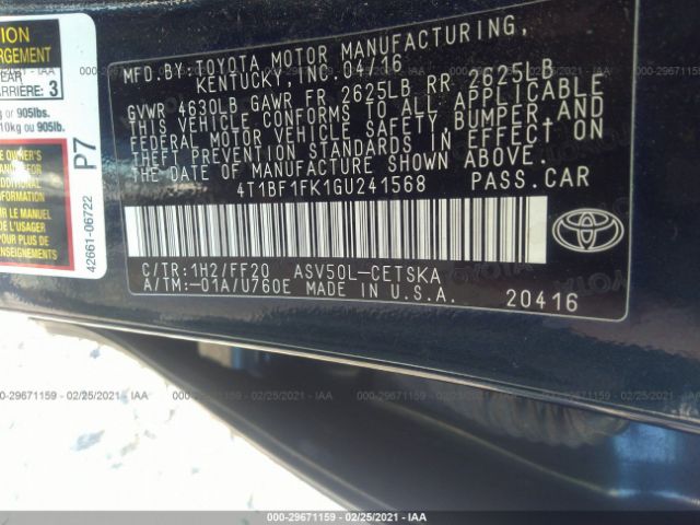 Photo 8 VIN: 4T1BF1FK1GU241568 - TOYOTA CAMRY 